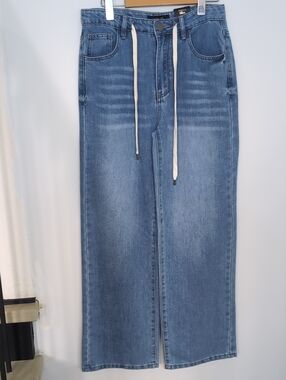 AUTRES FILLES | Women's Med Wash Hi-Rise Wide Leg Drawstring Waist Denim Pants